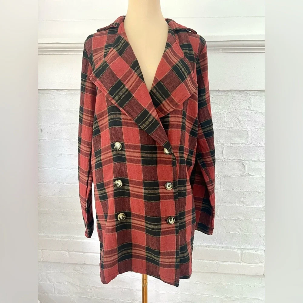 POL Red and Black Plaid Oversize Blazer Lightweight Double Breasted Long Jacket - Picture 1 of 17